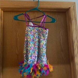 Colorful Sequin Dress with Feather Trim